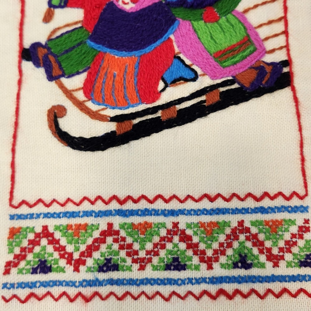 Vintage Hand‎ Embroidered Winter Wall Hangings Set 2 Snowman Sledding Folk Art - Picture 5 of 8